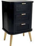 Table de chevet noire élégante en MDF et cannage naturel