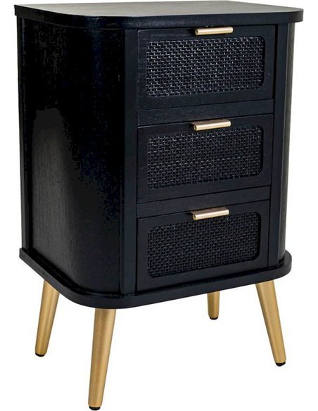 Table de chevet noire élégante en MDF et cannage naturel