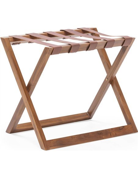 Porte bagages en teck et cuir brun élégant pour chambre d’hôtel