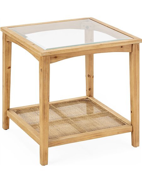 Table d'appoint en bois de pin rotin et verre naturel élégance