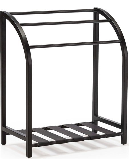 Porte serviette en teck et cuir noir design élégant pour salle de bain