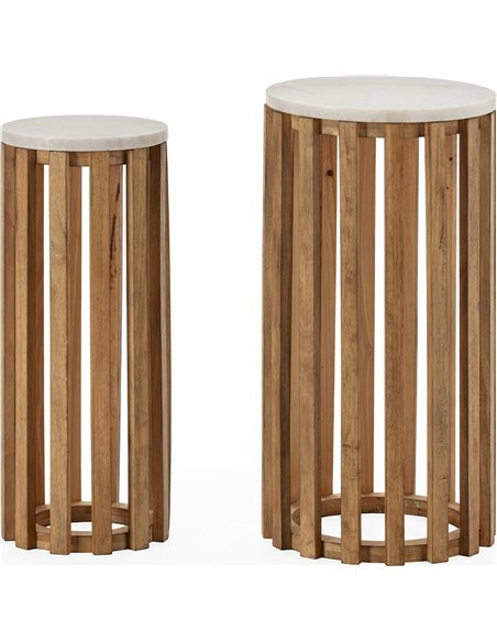Table d’appoint bois de pin et marbre naturel blanc élégant