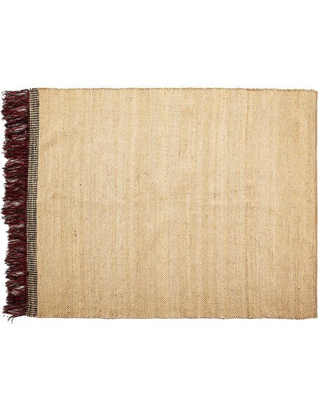 Tapis jute naturel avec franges rouges et liseré noir élégant