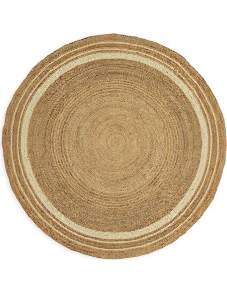 Tapis rond jute naturel et blanc style authentique salon cosy