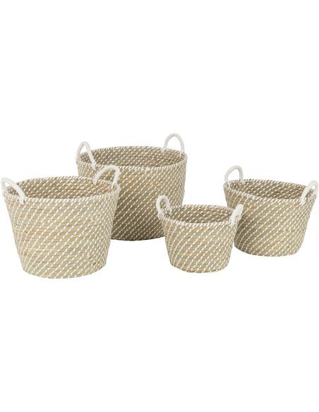 Panier rond en paille naturel blanc anses déco rangement