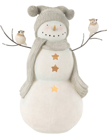 bonhomme de neige décoratif oiseaux résine blanche hivernale