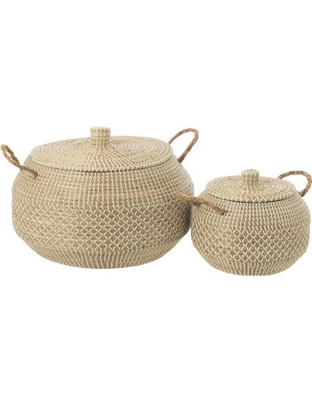 Panier de rangement en jonc naturel blanc avec couvercle