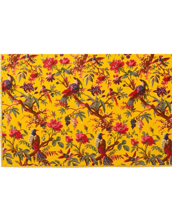 linge de maison couverture jaune oiseaux fleurs douillet