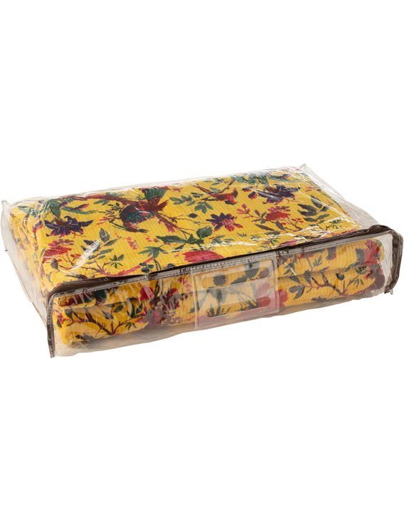 Couverture velours coton jaune motif oiseaux et fleurs