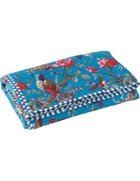 Couverture bleue velours oiseaux et fleurs raffinée