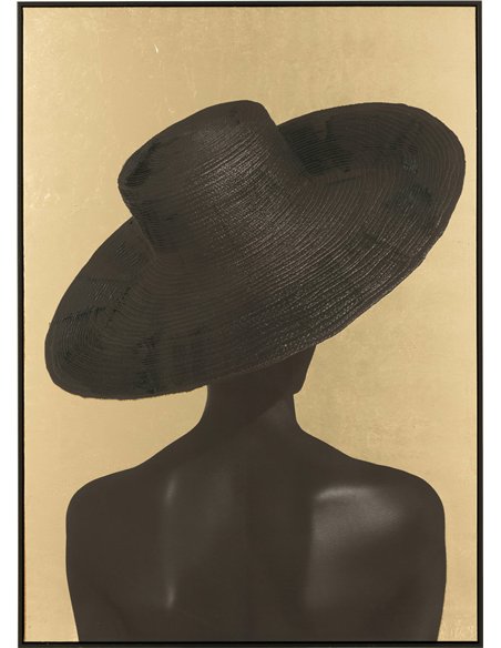 tableau femme chapeau noir fond doré élégant décoration murale