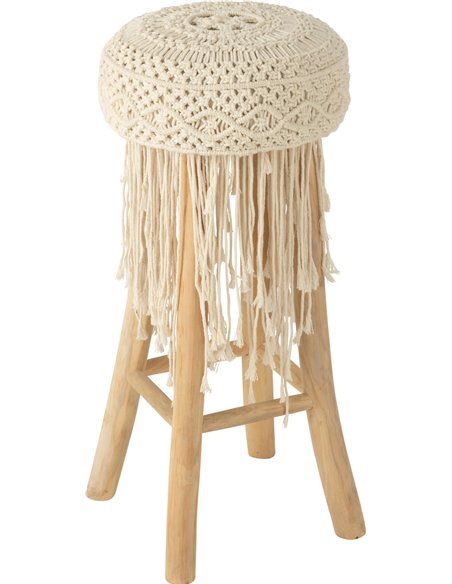 Tabouret en bois avec assise macramé franges blanc raffiné
