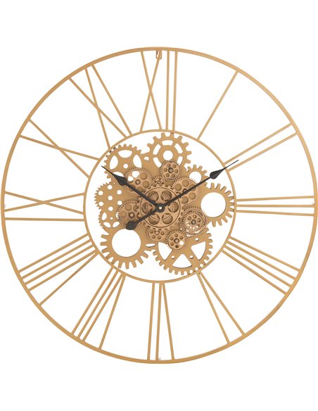 Horloge murale dorée chiffres romains engrenages métal design