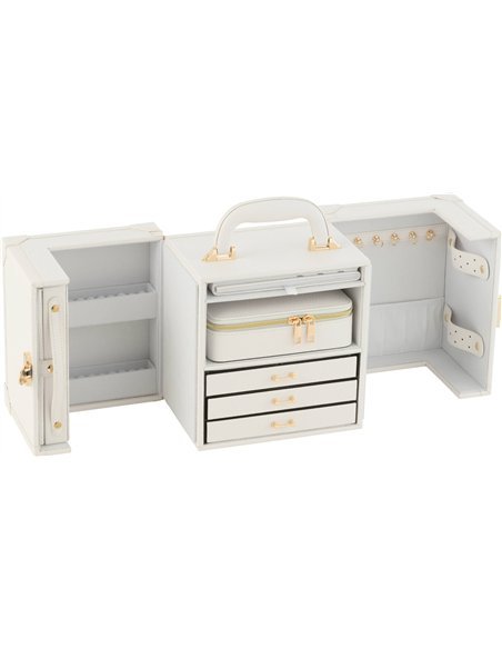 Coffret bijoux blanc élégant en bois avec anse cuir raffinée