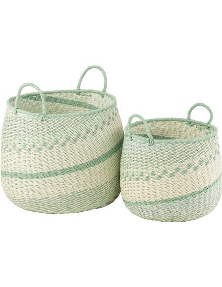 Panier de rangement tressé beige et vert avec anse décorative