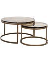 Table basse dorée design verre et métal effet luxe, duo de tables gigognes rondes vue de trois quarts