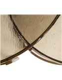 Plateaux superposés des deux tables vus de près, reflets dorés et verre marbré