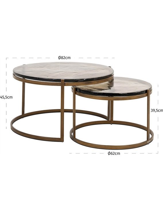Schéma coté des deux tables : diamètres 82 cm et 62 cm, hauteurs 45,5 cm et 39,5 cm