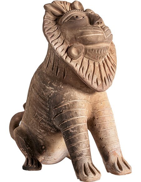 statue lion oriental en terre cuite finition vieilli marron