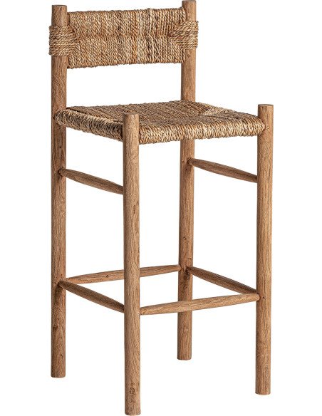 Tabouret haut en teck marron style colonial artisanal