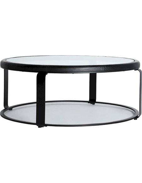 table basse minimaliste bois noir et verre transparent pour salon élégant