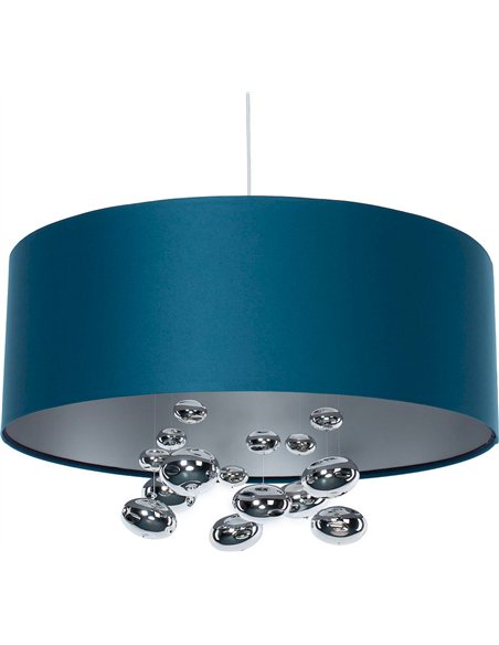 suspension design bleu satin et boules argentées élégantes