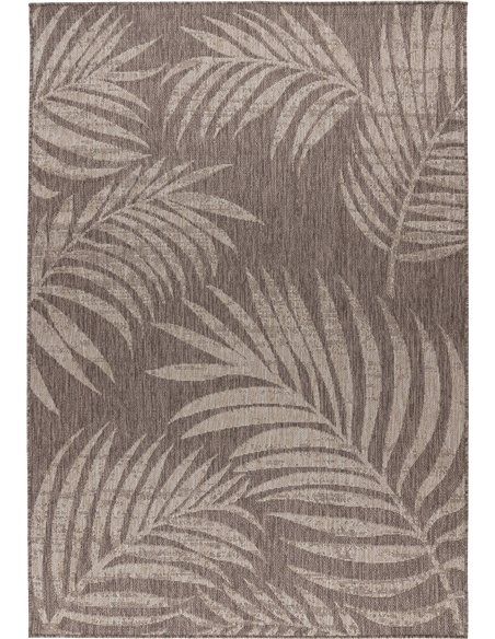 Tapis taupe motif palmes style tropical pour salon et terrasse