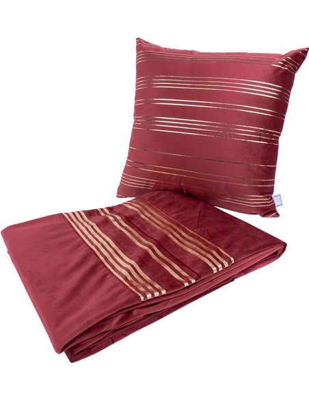 Set coussin et plaid rouge or à rayures dorées pour canapé