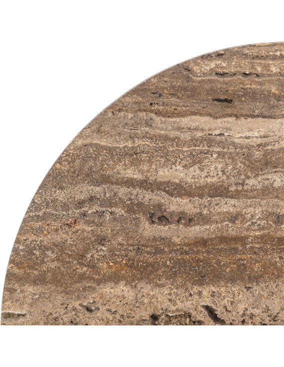 Détail du bord arrondi du plateau et des cannelures du meuble tv brun cendré