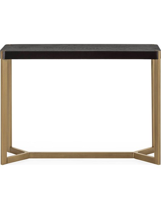 Console chic en métal doré et bois noir, vue de face légèrement plongeante