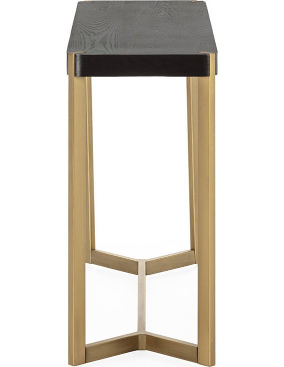 Console chic en métal doré et bois noir, vue de côté montrant la profondeur du plateau