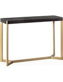 Console chic en métal doré et bois noir, vue en diagonale du plateau et du piétement