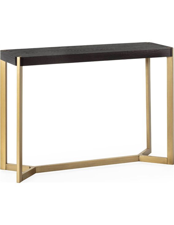 Console chic en métal doré et bois noir, vue en diagonale du plateau et du piétement