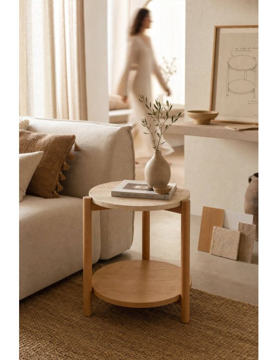 Table d appoint ronde bois et travertin