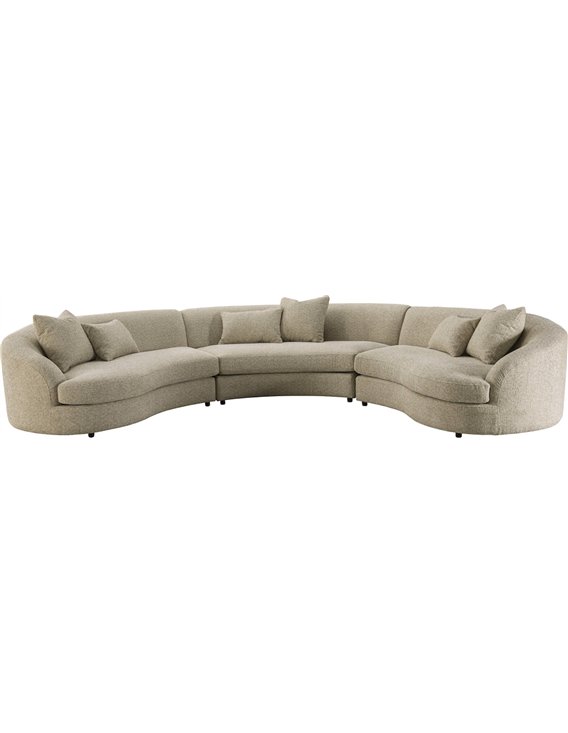 Canapé d'angle arrondi en tissu beige vu de face sur fond blanc