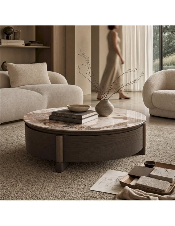 Table basse ronde effet marbre avec tiroir