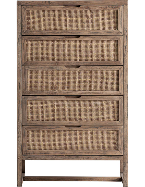 Chiffonnier en bois d’orme et rotin