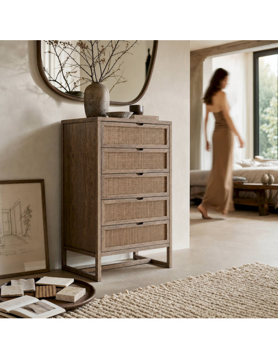 Commode haute à 5 tiroirs en cannage