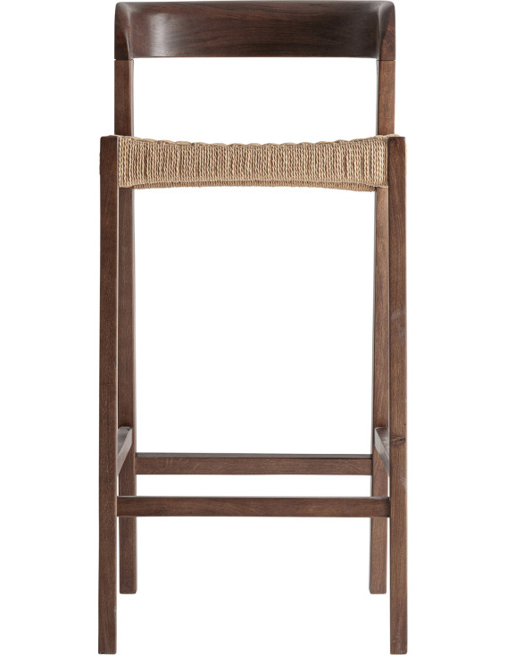 Tabouret de bar en chêne et fibre vu de face, assise tressée et barres de repos