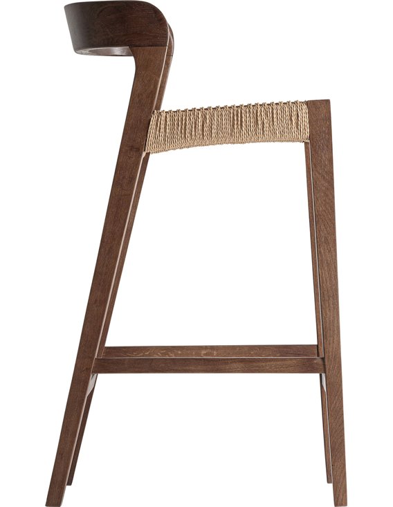 Tabouret de bar en chêne vu de profil, dossier incurvé et assise en fibre