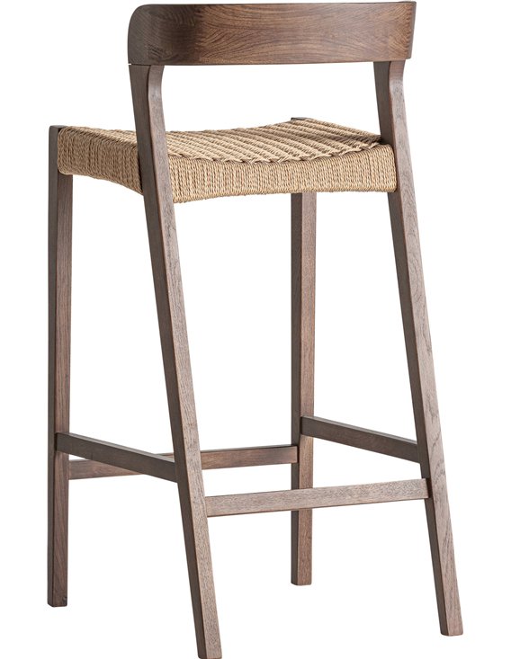 Tabouret de bar en chêne et fibre vu de dos, pieds légèrement écartés