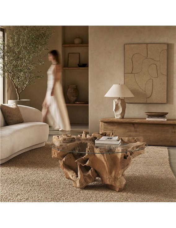 Table basse sculpturale avec plateau en verre