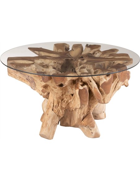 Table basse en teck naturel avec plateau en verre