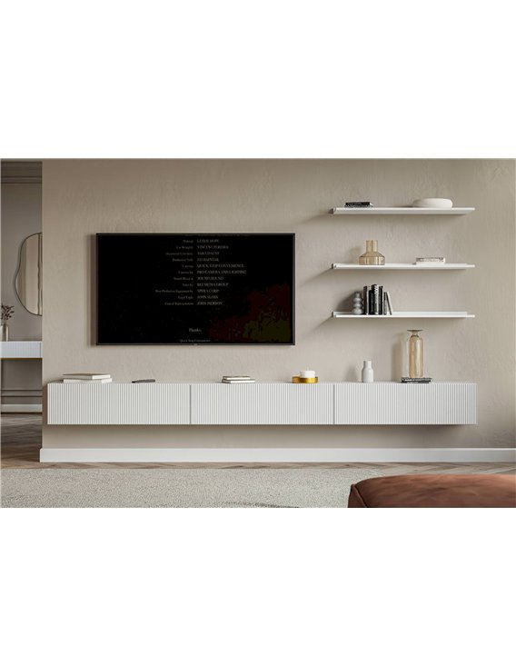 Meuble TV suspendu blanc ouvert, intérieur des compartiments et charnières