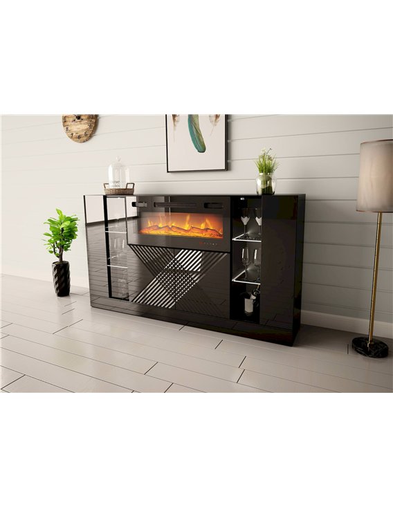 Buffet Darica noir avec cheminée électrique dans un salon, vue en angle avec lampadaire