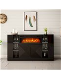 Buffet Darica noir avec cheminée électrique, mise en situation avec horloge et cadre au mur