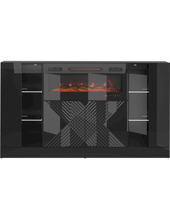 Buffet Darica noir avec cheminée électrique, vue de face en plan frontal sur fond blanc