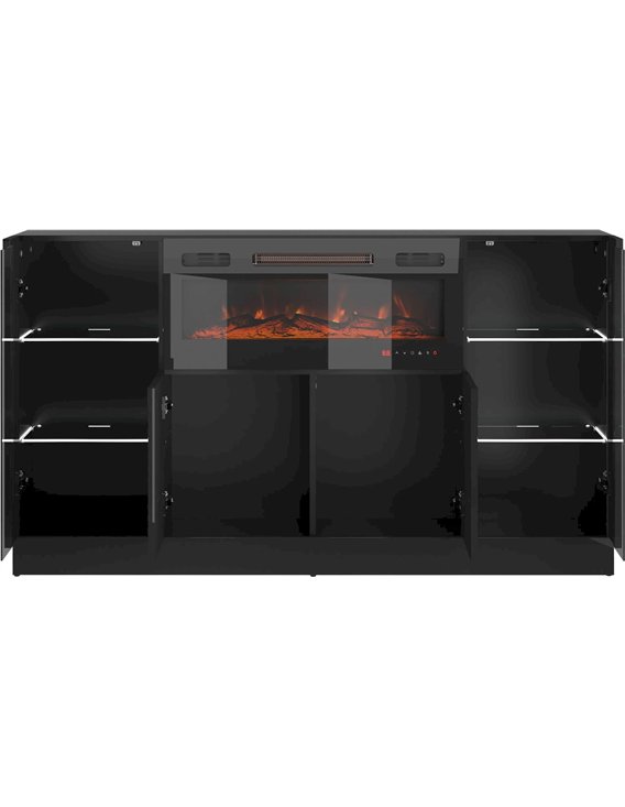 Buffet Darica noir avec cheminée électrique portes ouvertes, étagères et compartiments visibles