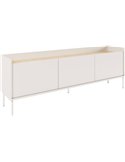 Meuble TV scandinave trois portes blanc vue d'angle avec fond bois clair