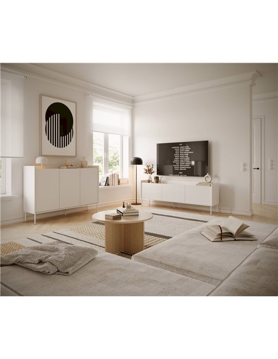 Meuble TV scandinave blanc et buffet assorti dans une pièce lumineuse